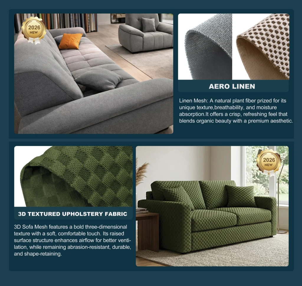 Breathable Aero Linen sofa mesh showcased at Canton Fair Booth 16.2H39