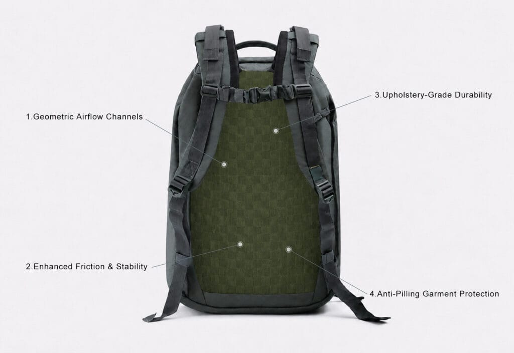 High-end backpack back panel featuring SF16 3D spacer mesh fabric