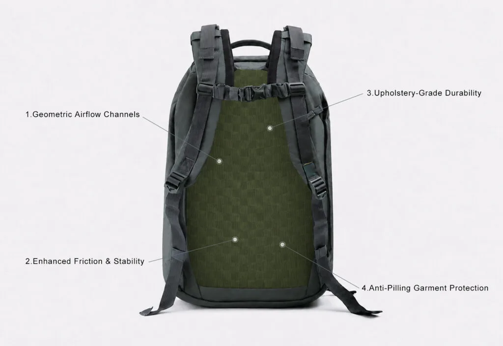High-end backpack back panel featuring SF16 3D spacer mesh fabric
